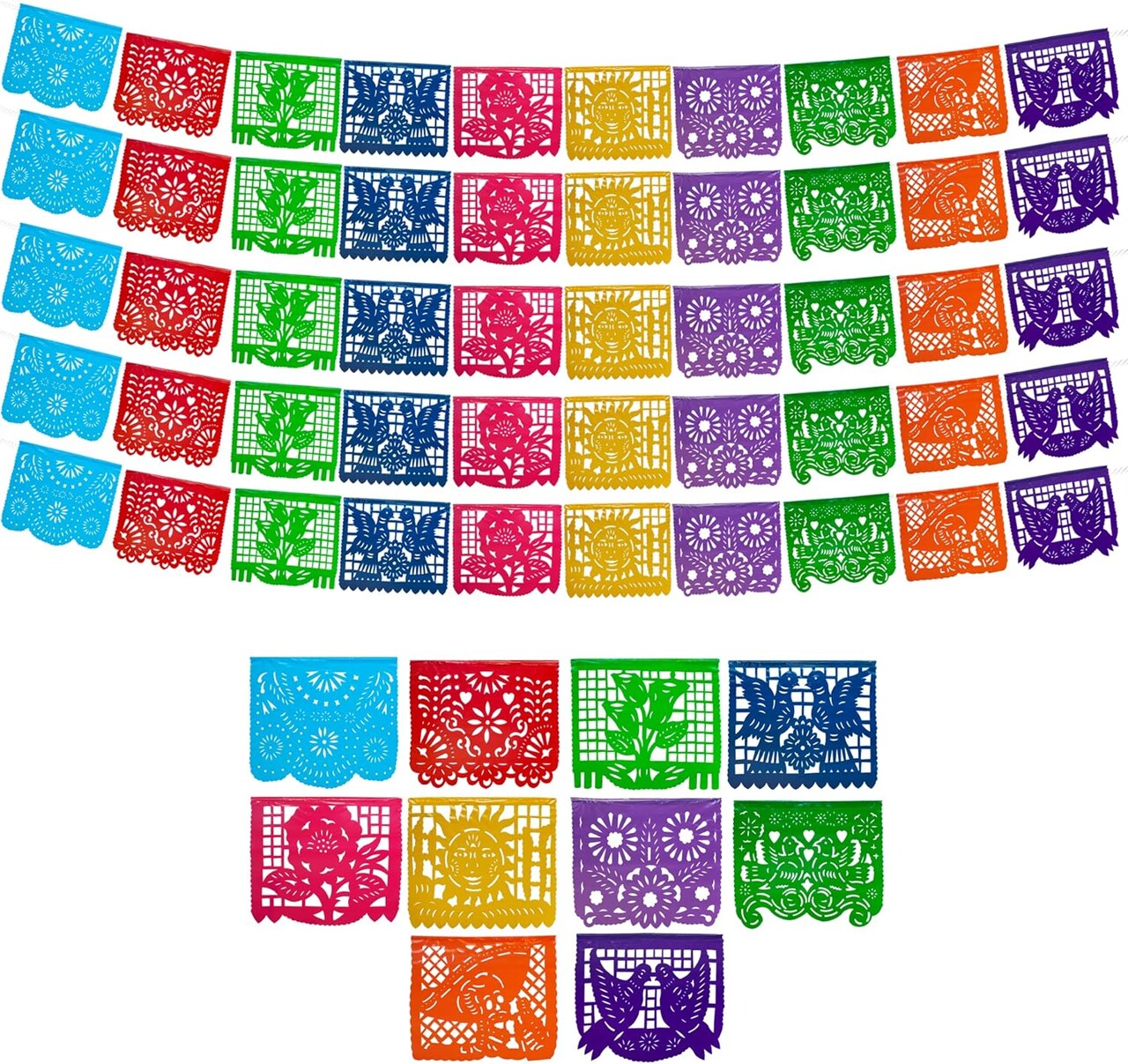 Mexican Party Banners – 5-Pack, 10 Plastic Flags per Banner, Fiesta Papel Picado Decorations